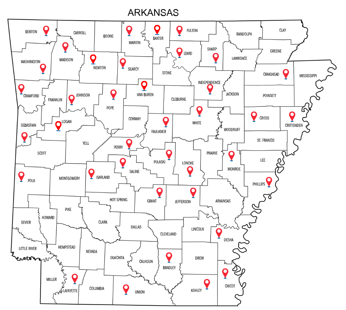 the Arkansas state map divided into counties with location icons showing each county where the mobile maker space has visited