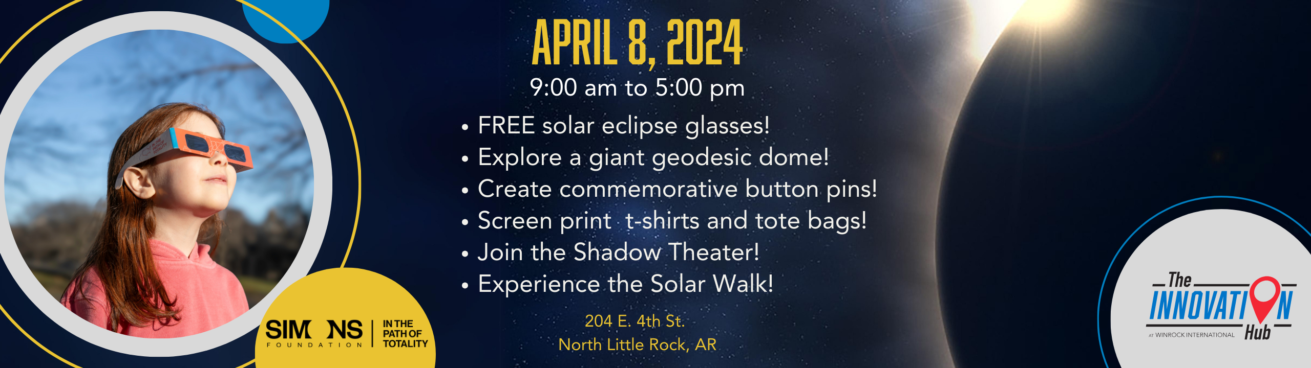 A young girl wearing solar eclipse viewing glasses looks up at the sky. Family Friendly Activities are listed.