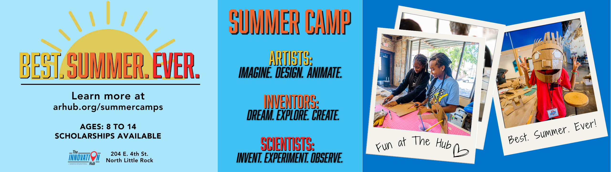 Summer Camp 2024 with polaroid photo of two young girls creating cardboard crafts and a child wearing a cardboard mask