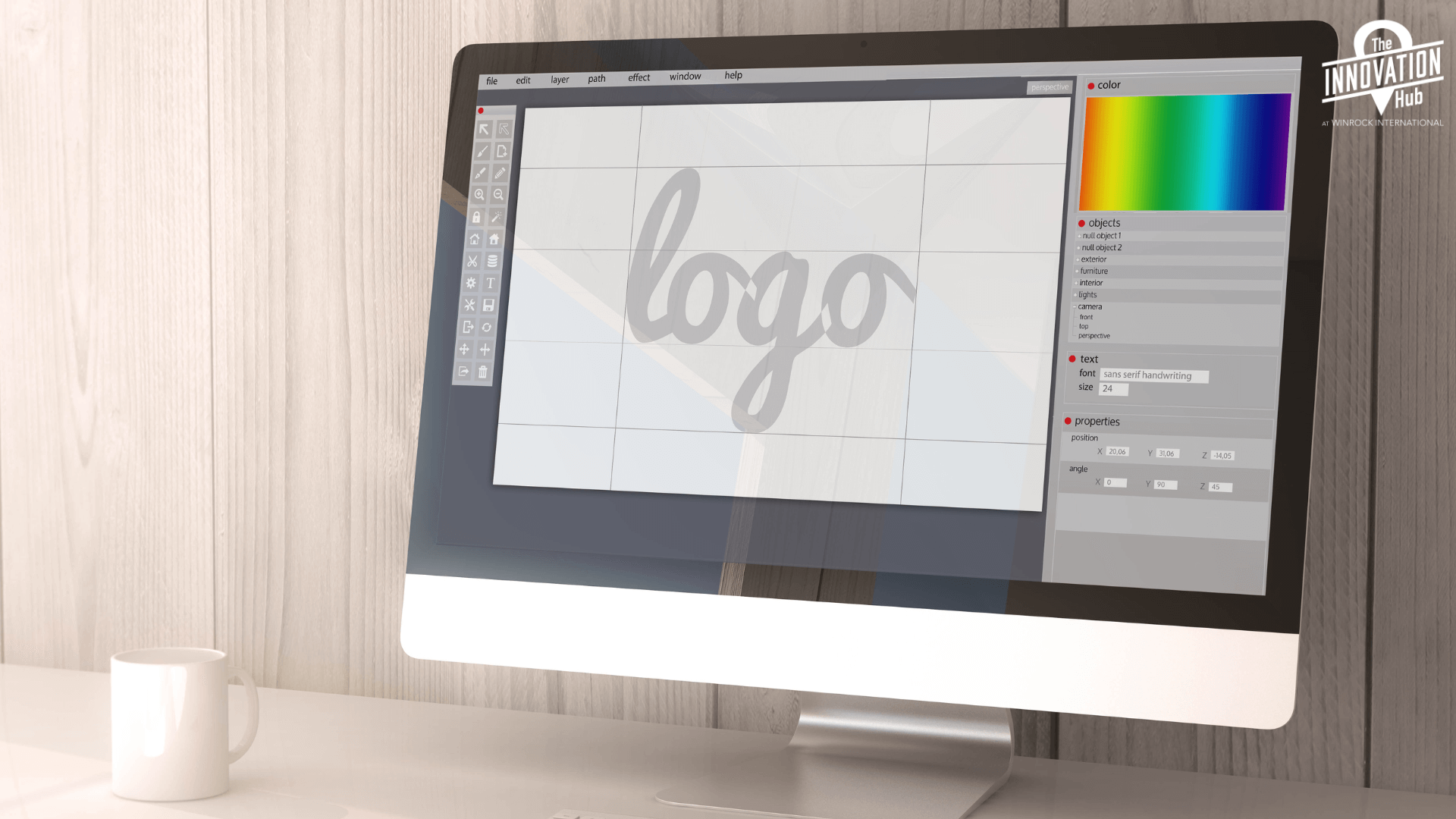 A computer monitor with a vector design software and it says the word "logo"