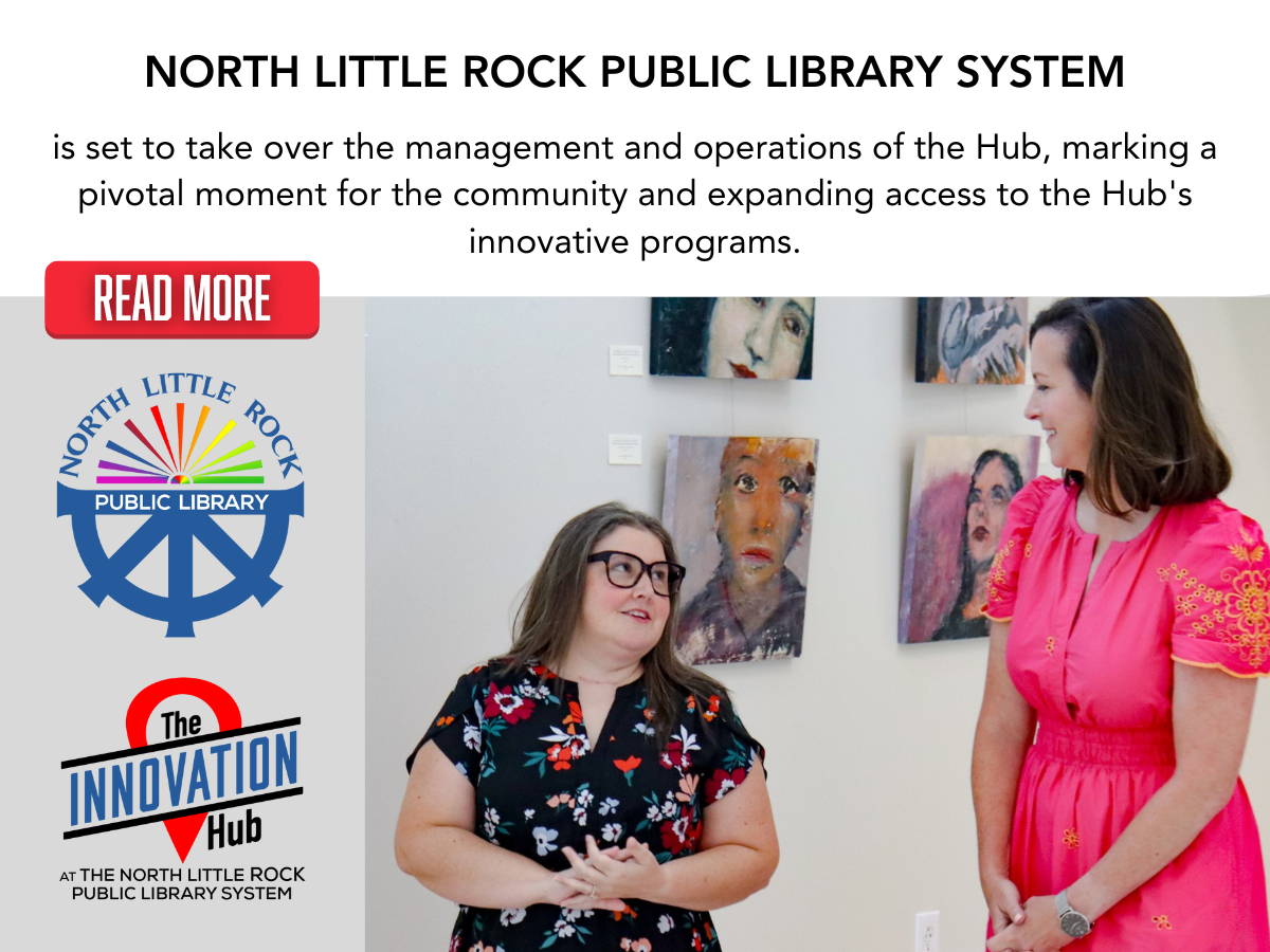 Errin Stanger of The Hub and Crystal Gates from the North Little Rock Library discuss plans for the future while standing in the art gallery inside Laman Library.