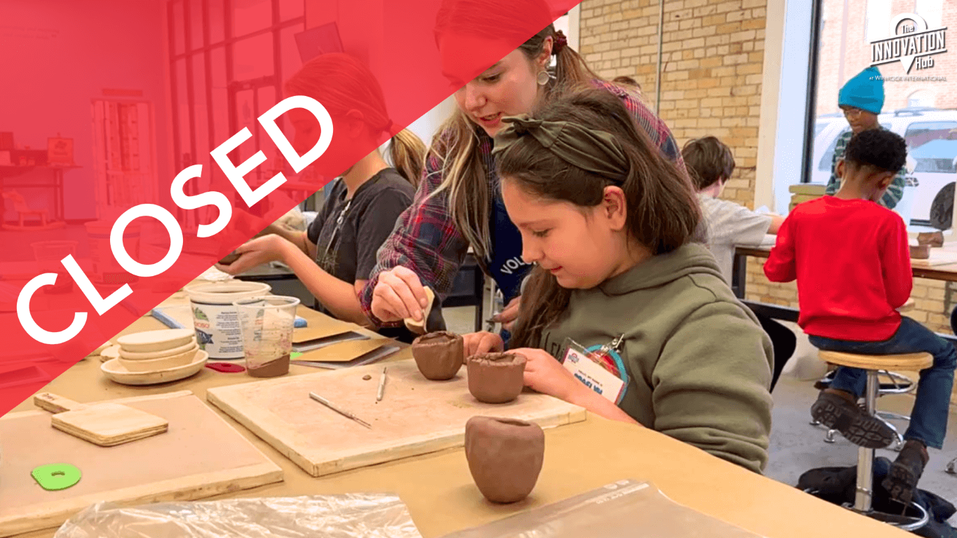 Young students create pinch pots in the ceramics after-school program with the help of a Hub educator and volunteer.